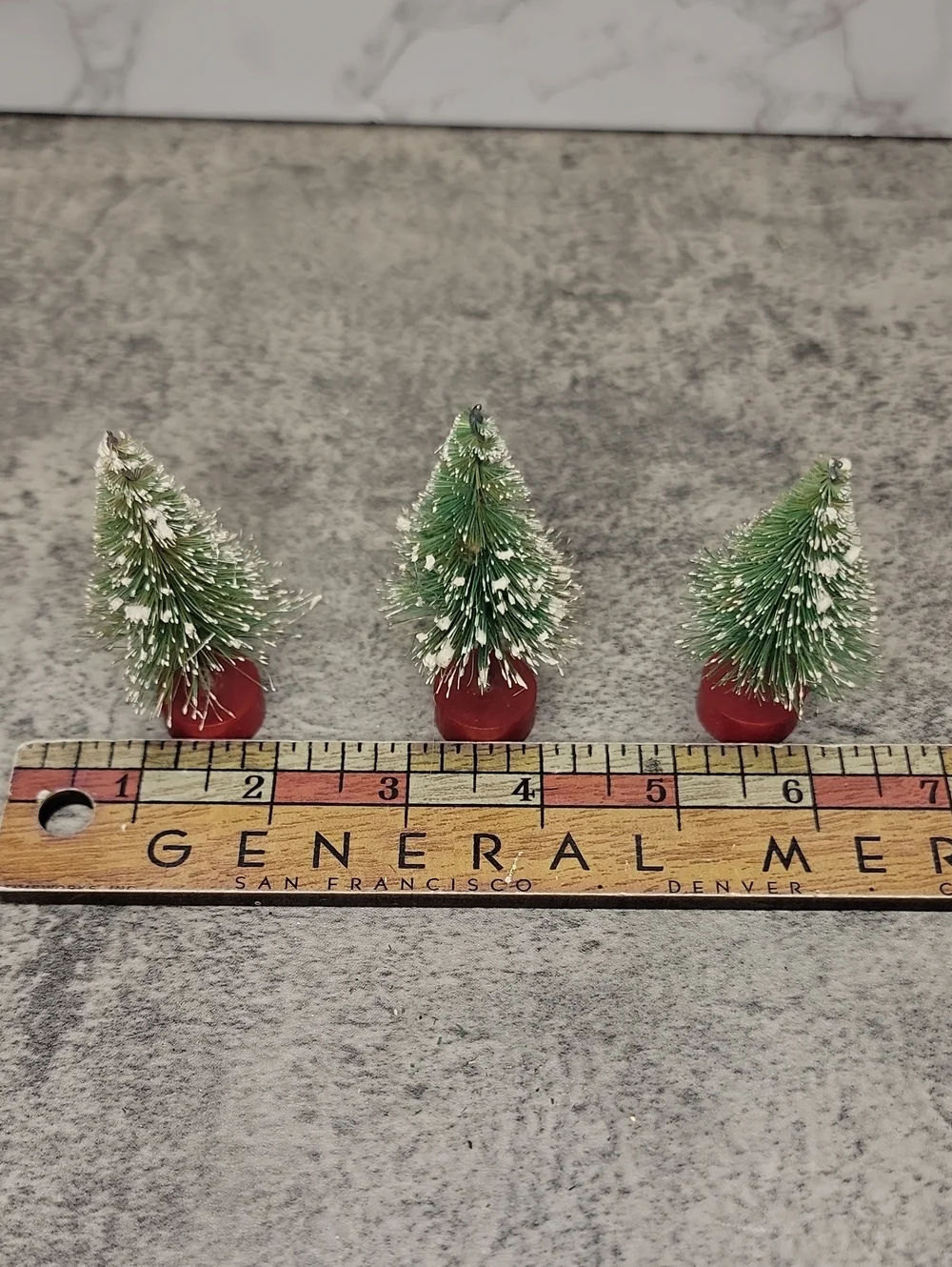 Vintage Bottle Brush Christmas Trees Set of Three with Snowy Tips and Red Bases